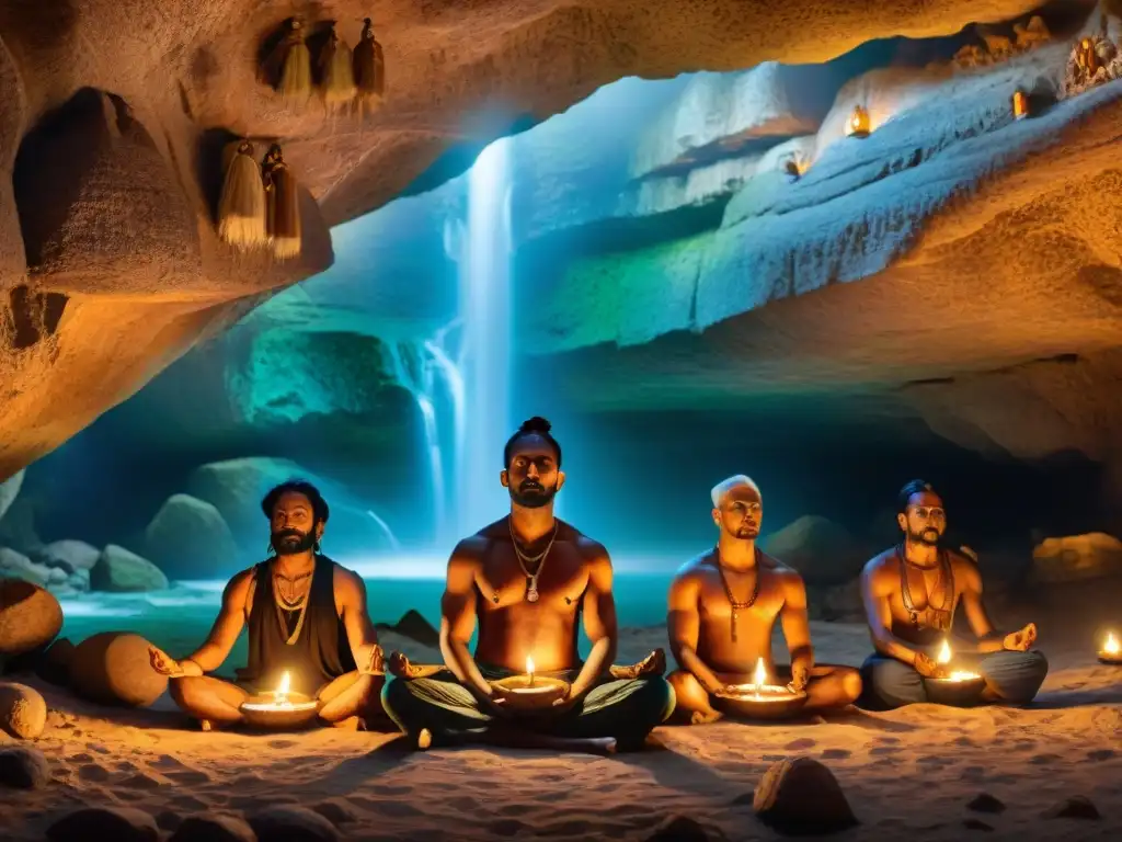 Místicos hindúes en meditación, iluminados por velas en cueva con símbolos antiguos