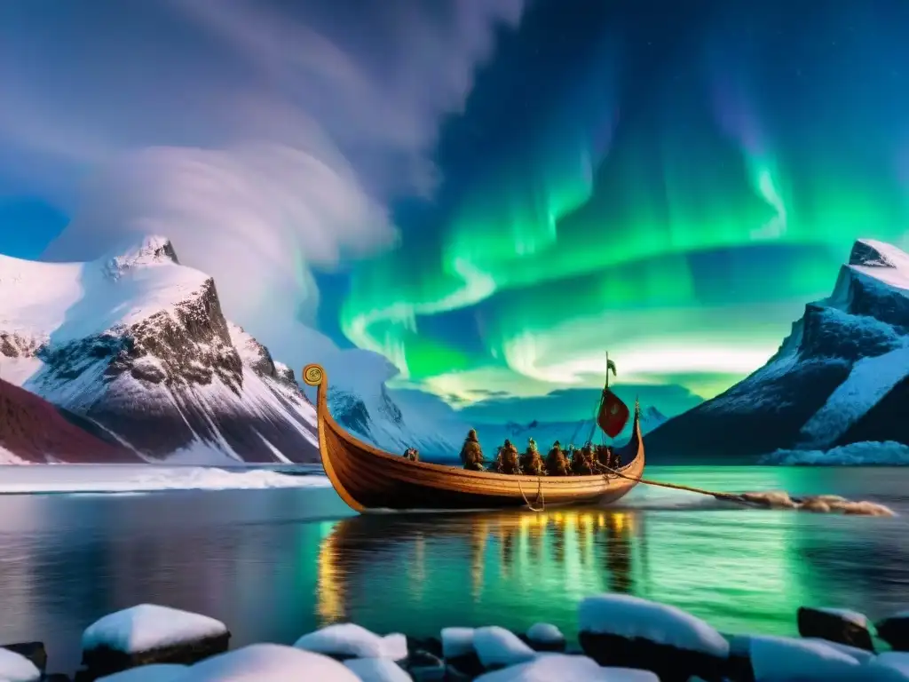 Un mítico drakkar vikingo surca aguas nórdicas bajo la aurora boreal, tripulado por personajes legendarios de la tradición oral nórdica