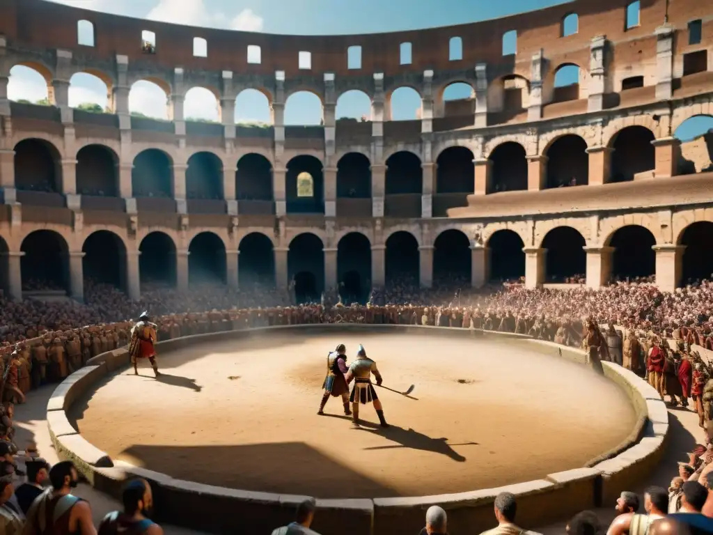 Recreación moderna de batalla de gladiadores en réplica del Coliseo, con espectadores diversos