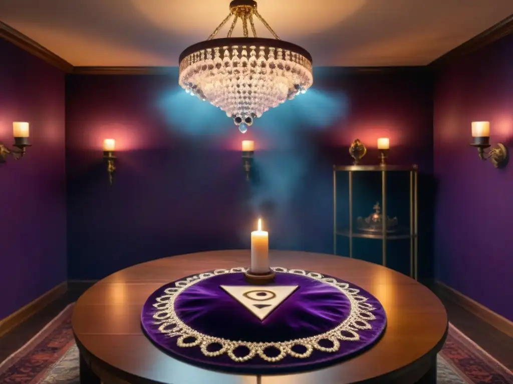 Sesión espiritista moderna con mesa central de terciopelo púrpura, velas y tablero Ouija vintage