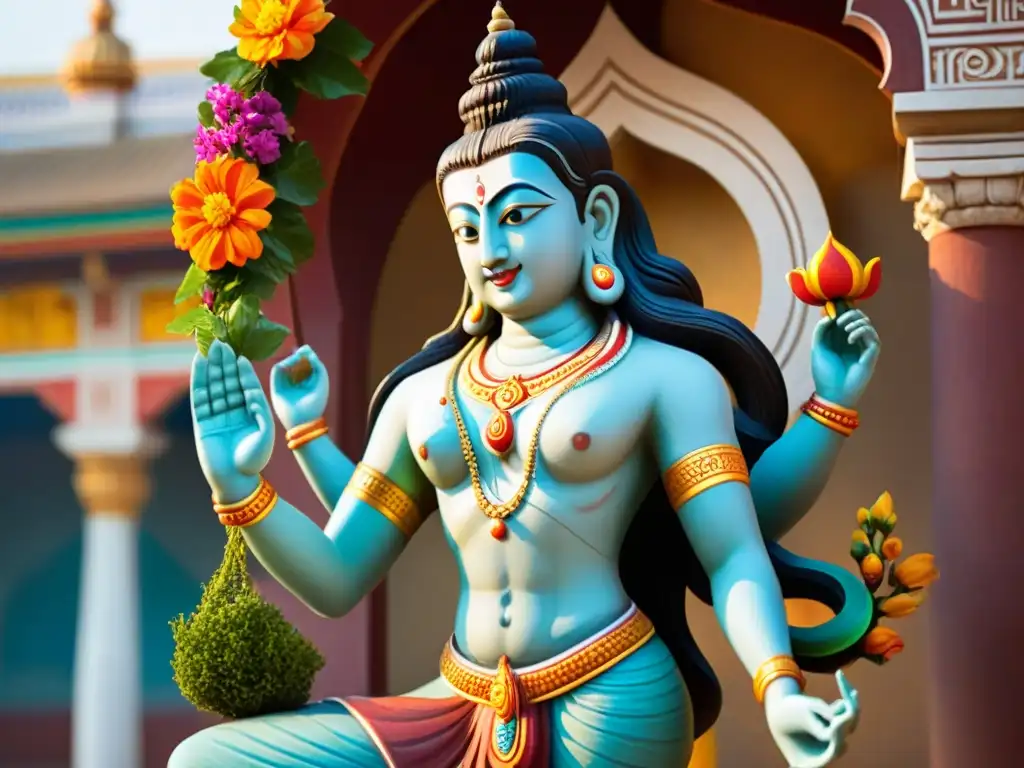 Inspiración Hindú: escultura moderna de Shiva danzante en mármol, rodeada de ofrendas y flores en templo sereno