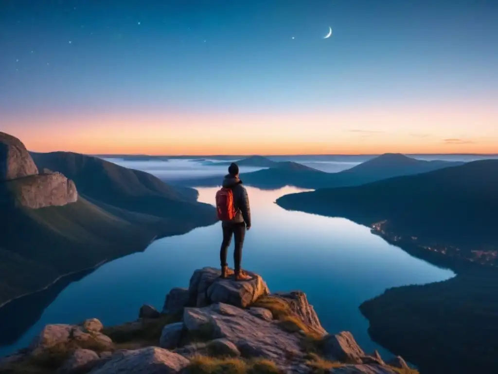 Un momento de introspección en un acantilado rocoso con vista a un lago sereno en una noche de nuevas lunas cambio vida