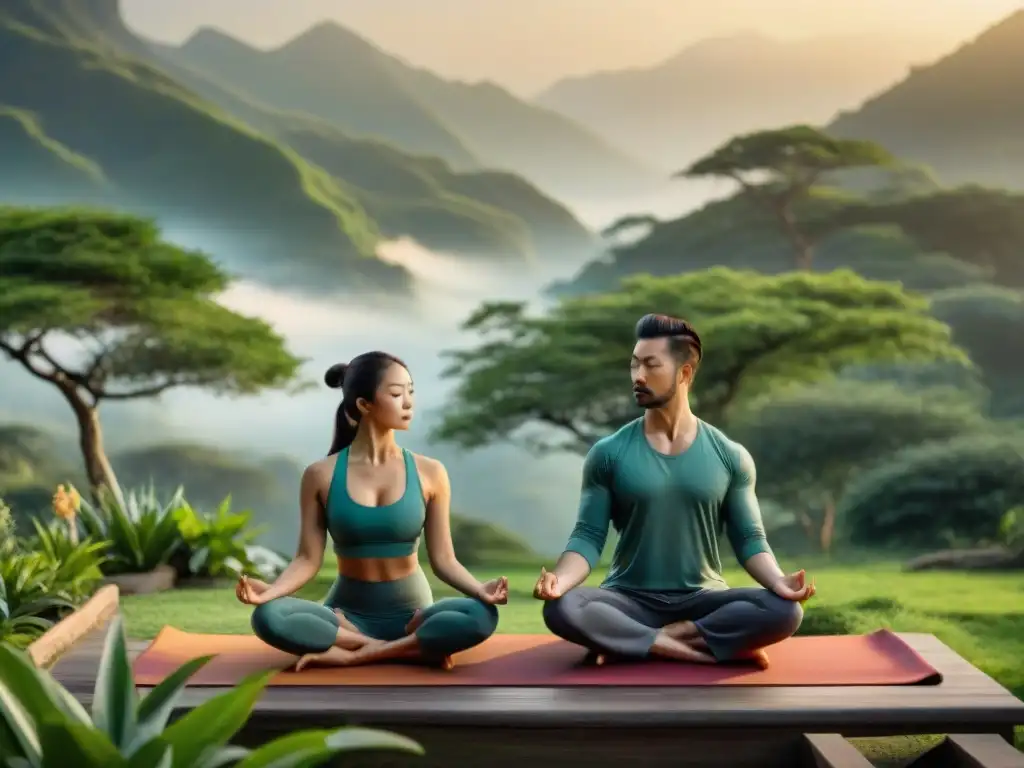 Un momento de armonía entre Yoga y Qigong en un jardín verde al amanecer