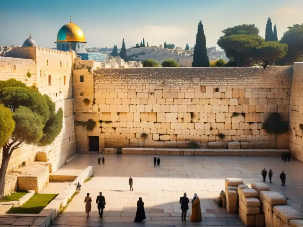 Un momento de oración en la ciudad sagrada de Jerusalén, con la figura solitaria y misteriosa en el Muro Occidental al amanecer