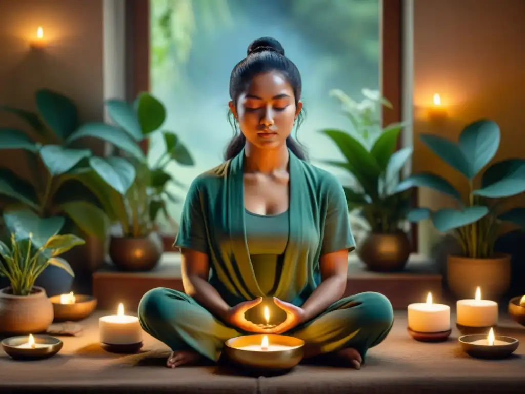 Un momento de meditación en un espacio sereno y armonioso, rodeado de velas y plantas