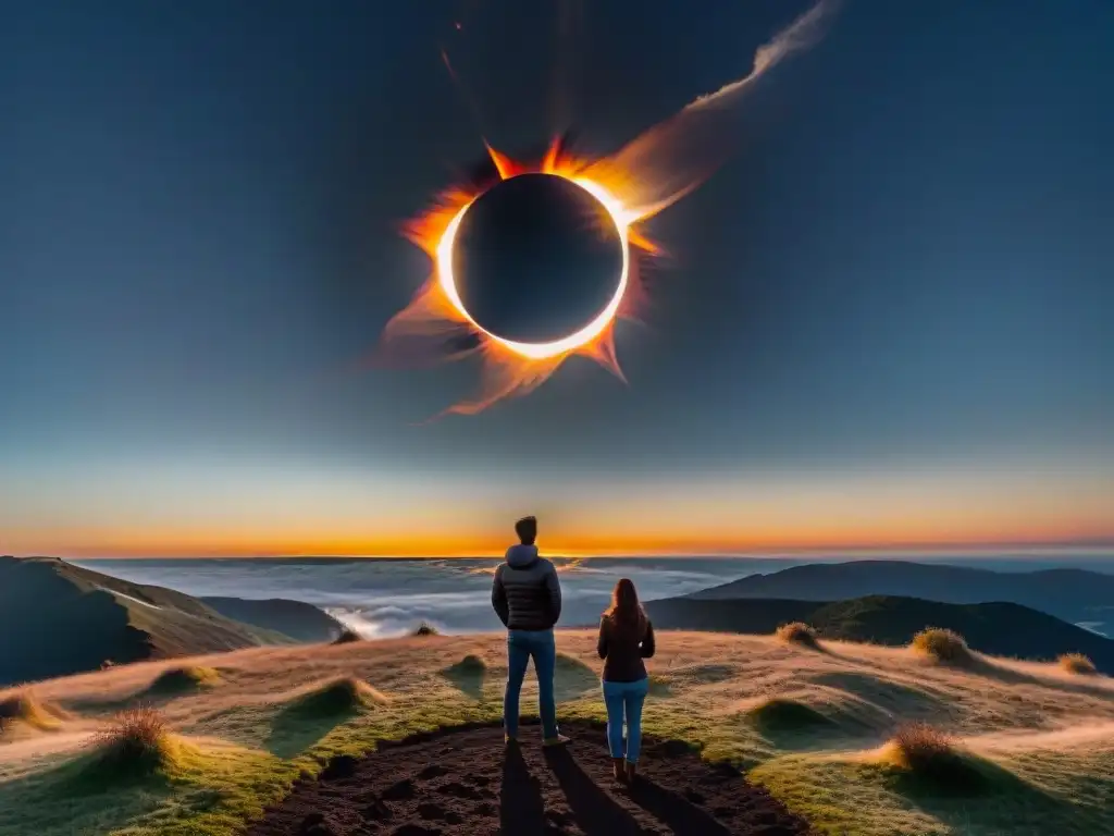 Un momento mágico: eclipse solar total con la luna bloqueando el sol, creando una corona impresionante