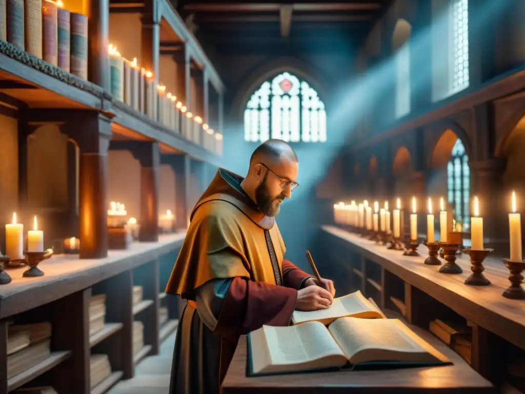 Monasterio medieval iluminado por velas donde monjes conservan recetas antiguas y textos sagrados