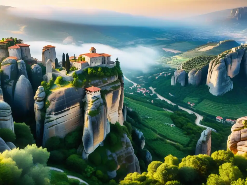 Monasterios antiguos en Meteora: espiritualidad y serenidad en paisaje único iluminado por la luz dorada del atardecer