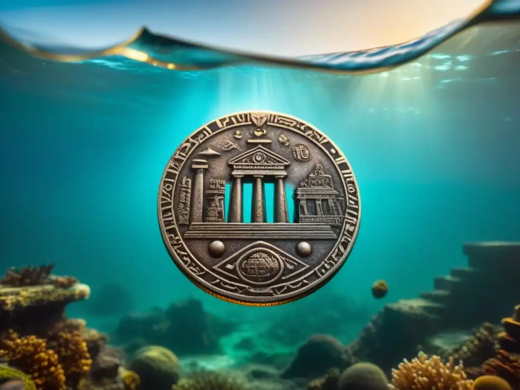 Moneda antigua de Atlantis con engravings de criaturas marinas y símbolos avanzados, bajo la luz marina