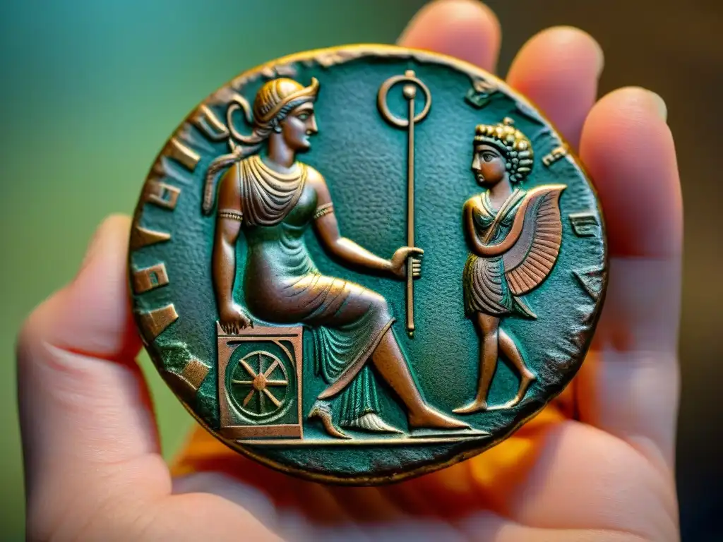 Una moneda griega antigua y valiosa, con detalles de Athena y Poseidon, entre los dedos de un conservador de museo