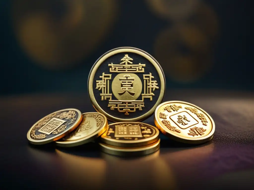 Colección de monedas antiguas chinas narran historia en detallada imagen 8k sobre terciopelo oscuro