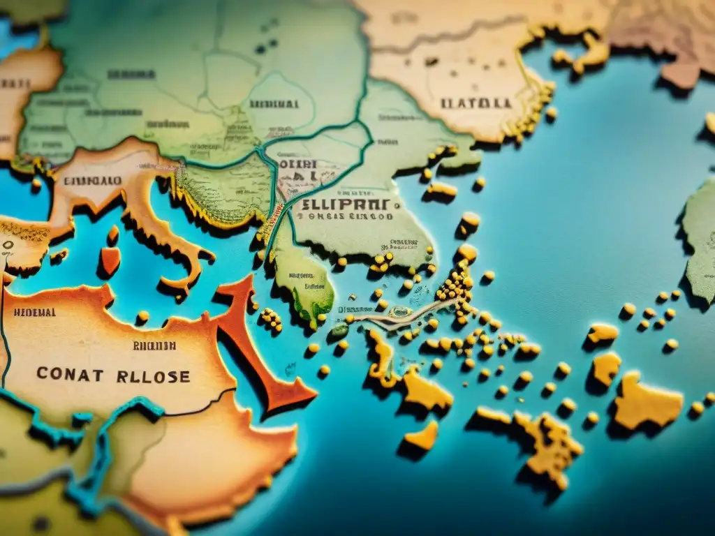 Monedas antiguas de civilizaciones en mapa desgastado de la Ruta de la Seda