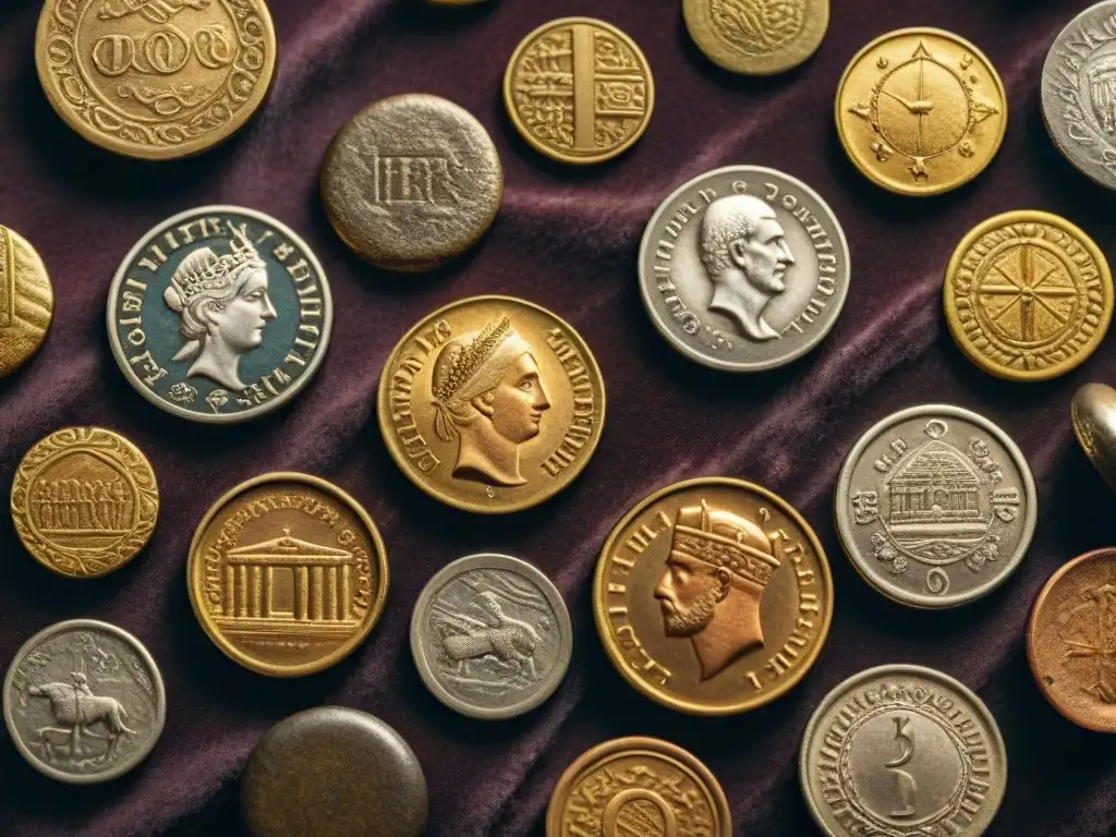 Colección de monedas antiguas de diversas eras, detalladas en terciopelo oscuro