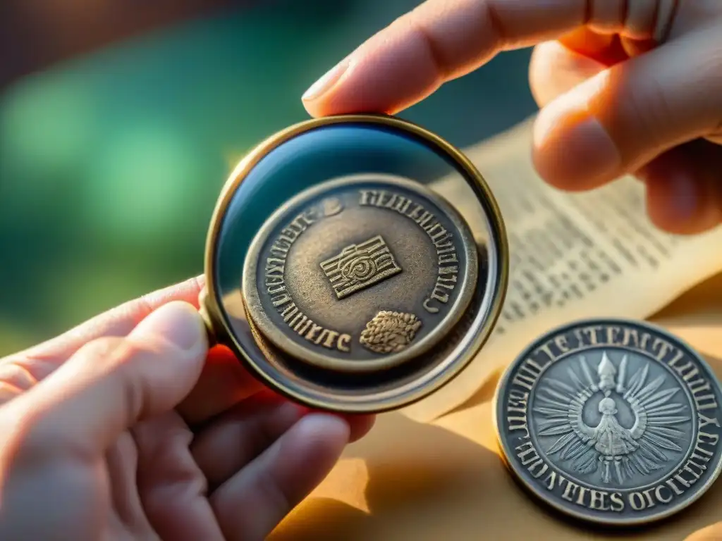 Identificar monedas antiguas falsificadas: Detalle de una mano sosteniendo una lupa sobre una antigua moneda, iluminada por luz natural