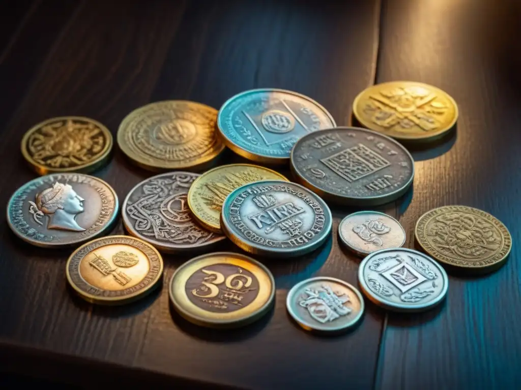 Monedas antiguas narran historia en mesa de madera oscura, iluminadas por luz cálida, con grabados detallados y simbología única