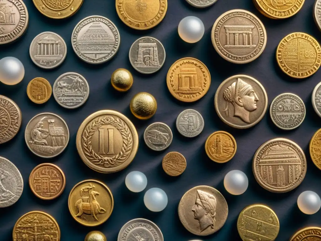 Colección de monedas antiguas en terciopelo oscuro, mostrando detalles de diversas civilizaciones