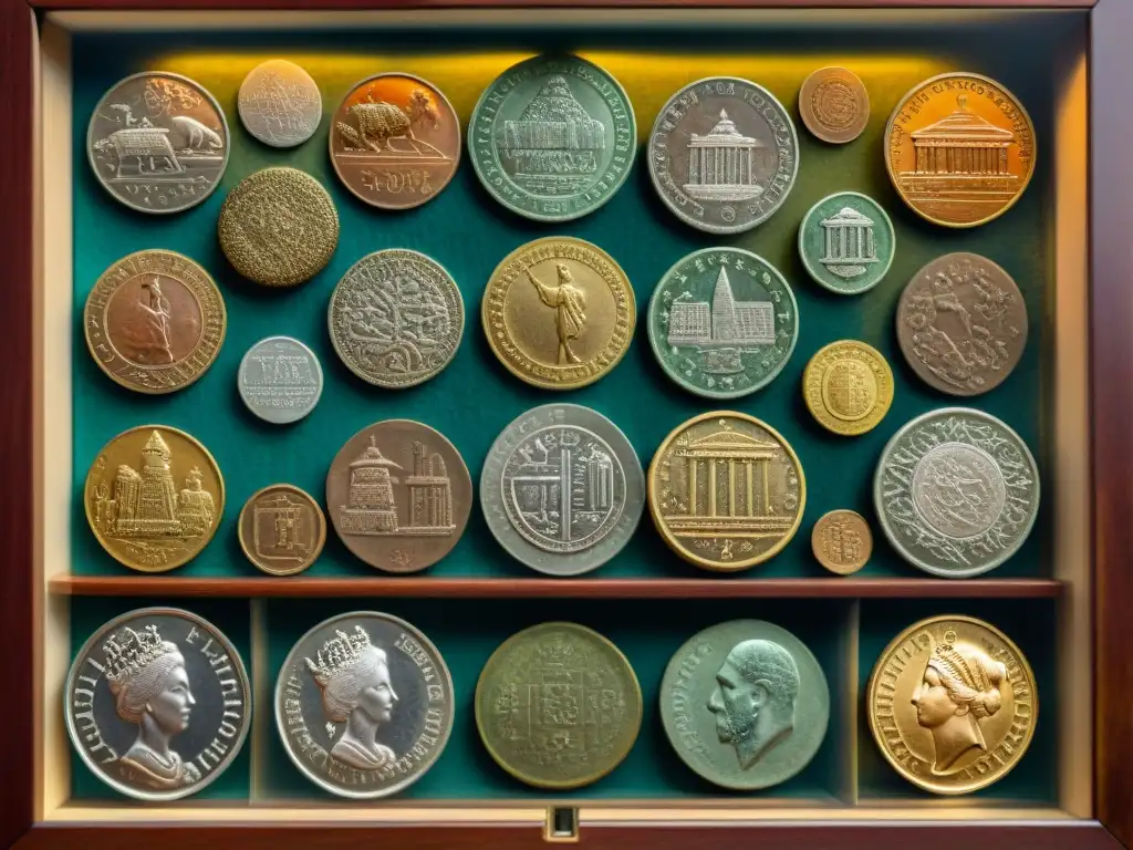 Colección de monedas antiguas: detallada y fascinante Colección de monedas antiguas en vitrina de terciopelo, detalladas y con pátina, reflejando historia y arte