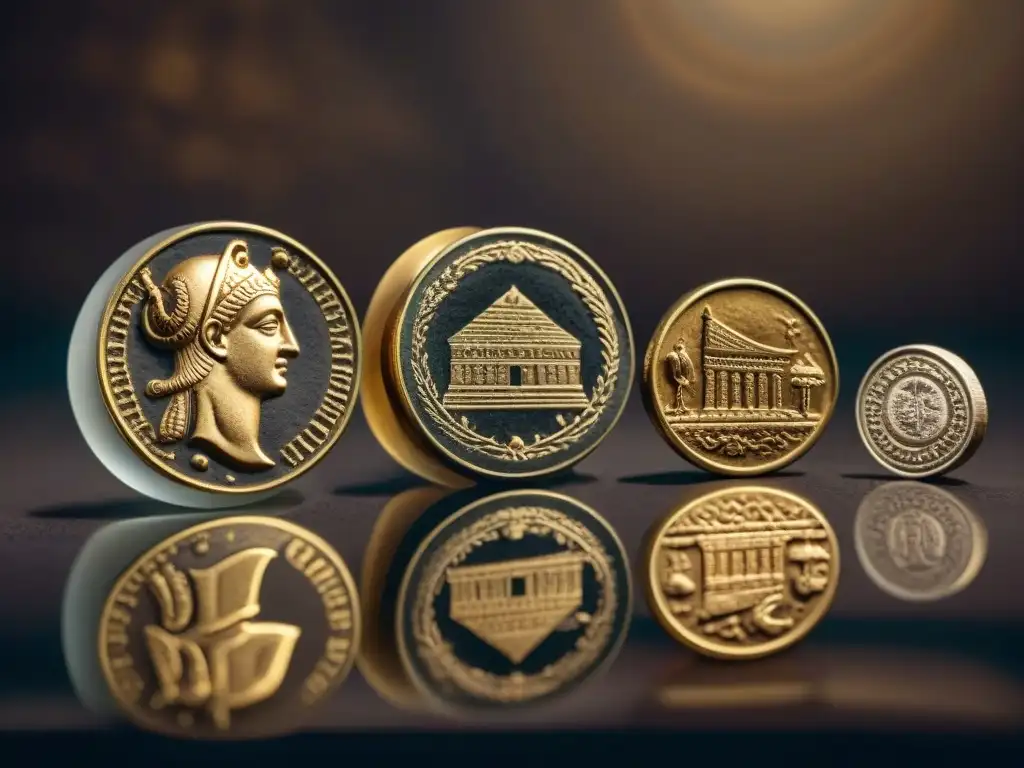 Colección de monedas y sellos de civilizaciones antiguas en detalle, resplandeciendo en fondo de terciopelo oscuro