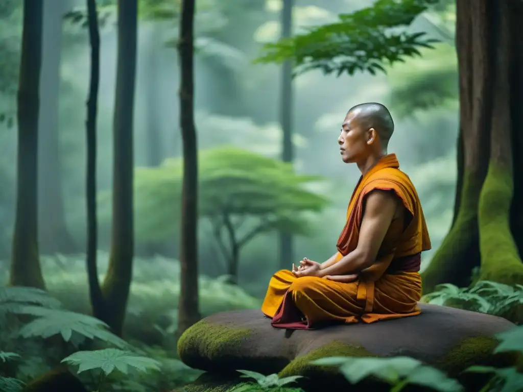 Un monje budista medita en un bosque verde, transmitiendo paz y tranquilidad