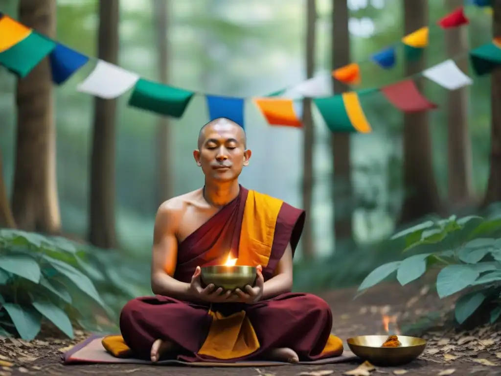 Un monje budista tocando un cuenco tibetano en el bosque con banderas de oración coloridas y una atmósfera espiritual