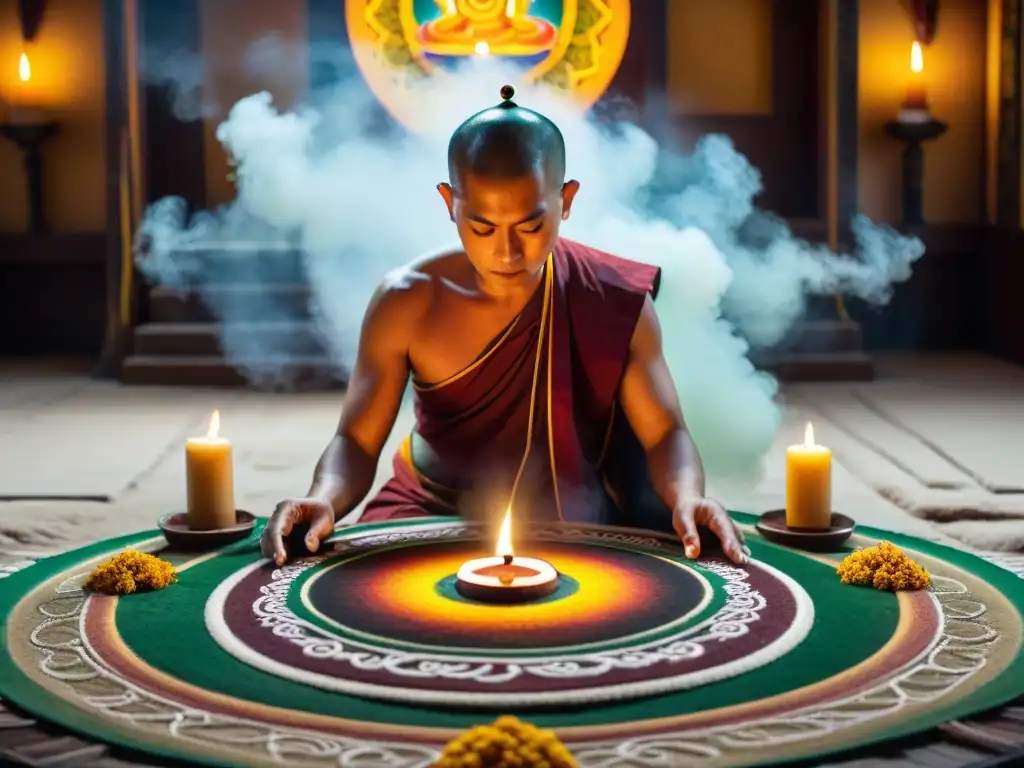 Un monje budista crea un mandala de arena rodeado de velas y humo de incienso en un templo, reflejando la meditación y los rituales del Budismo Zen