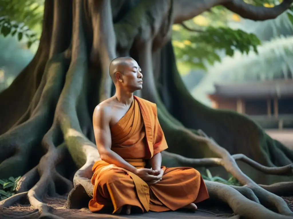 Un monje budista meditando en paz bajo un árbol Bodhi con detalles y tranquilidad