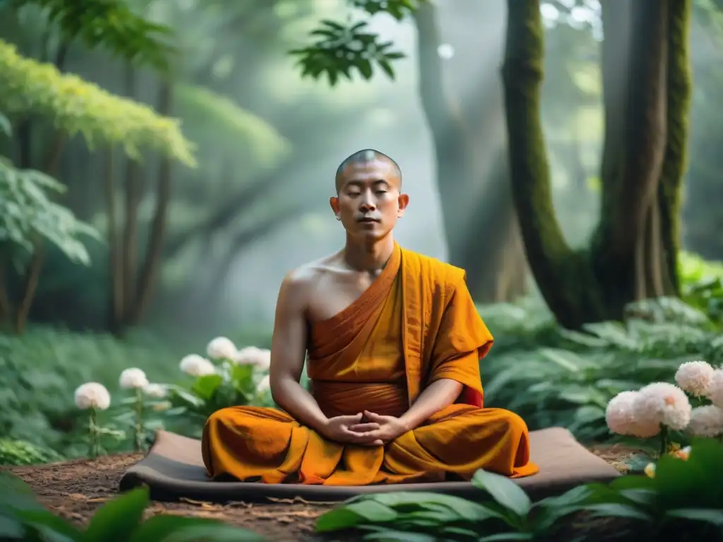 Un monje budista en paz interior meditando en el bosque