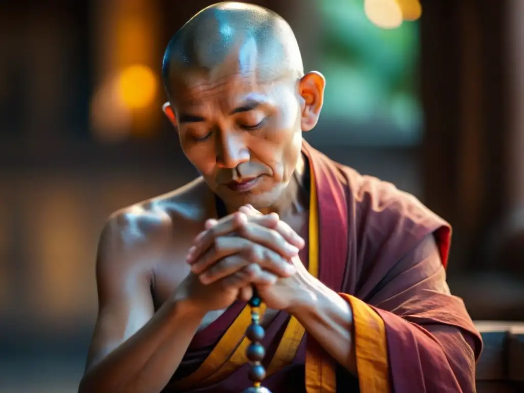 Un monje budista en meditación profunda con cuentas de oración, iluminado por velas en un templo