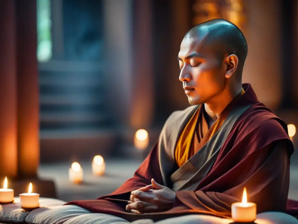 Un monje budista en profunda meditación, rodeado de luz de velas en un templo tenue