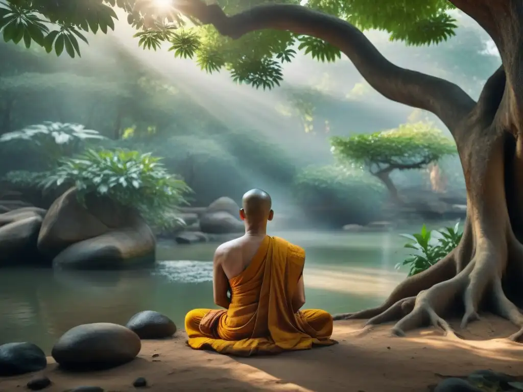 Un monje budista medita sereno bajo un árbol Bodhi, rodeado de vegetación exuberante y luz solar, transmitiendo paz interior