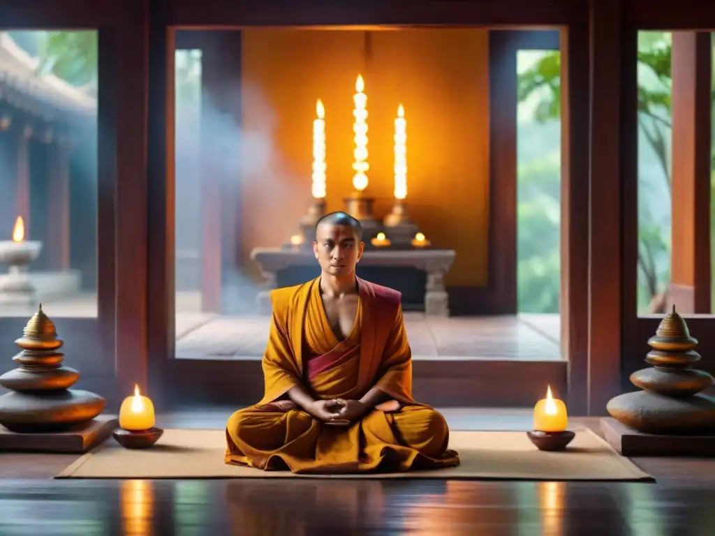 Un monje budista medita en un templo decorado con velas y incienso, irradiando paz y serenidad