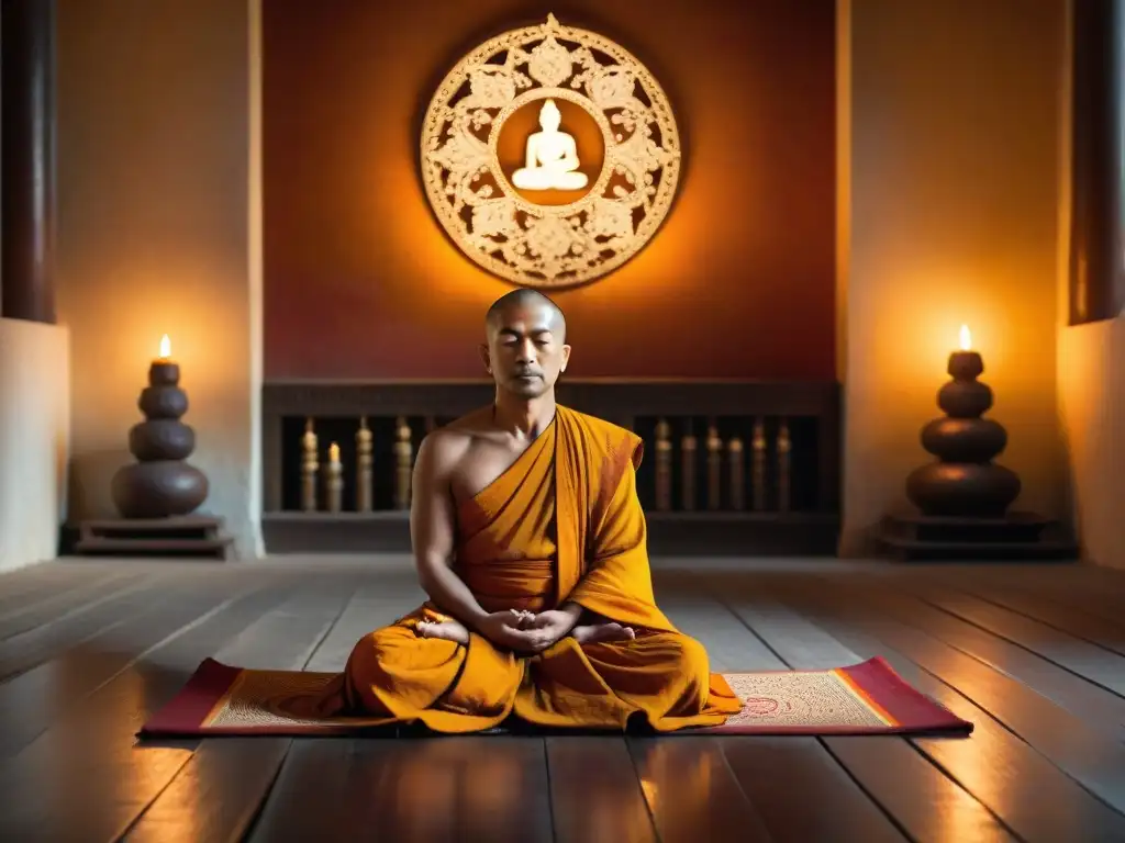 Monje budista en meditación en templo con mandalas y velas, evocando mindfulness en el trabajo antiguo