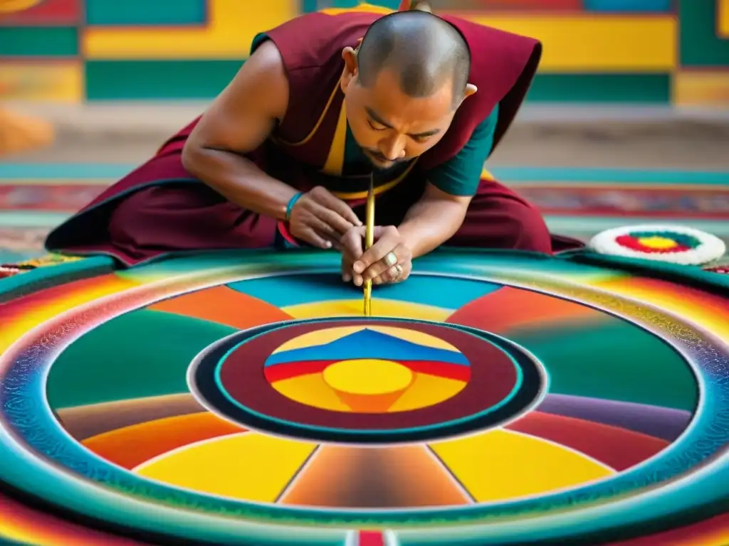 Un monje budista tibetano crea un intrincado mandala de arena, concentrado y sereno