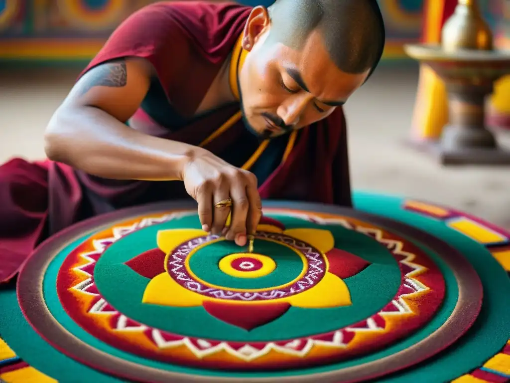 Un monje budista tibetano creando un mandala de arena con precisión y devoción