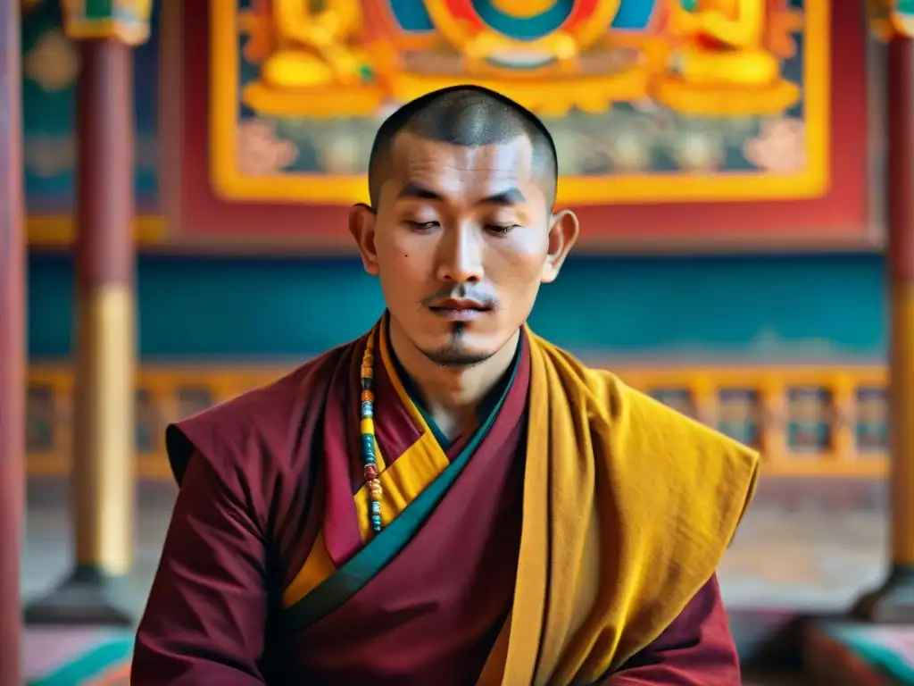 Monje budista tibetano en meditación dentro de un monasterio colorido en el Himalaya