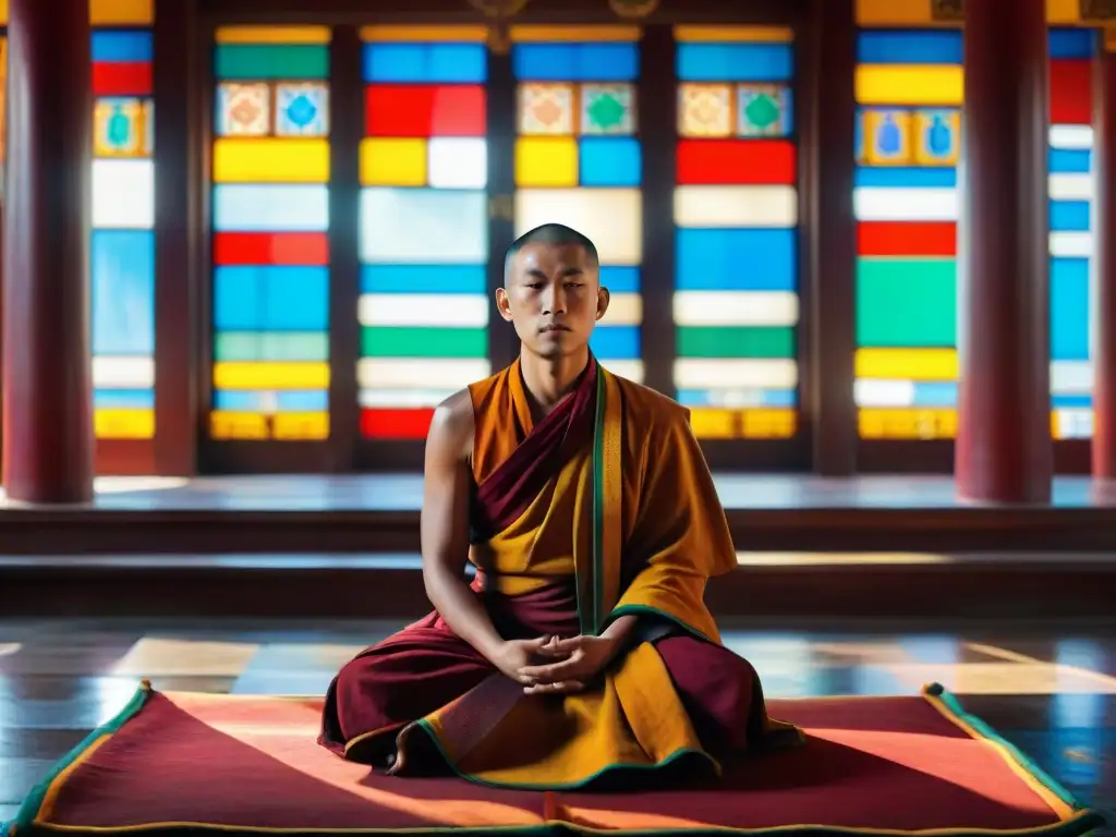 Un monje budista tibetano medita en un templo decorado, iluminado con luz cálida