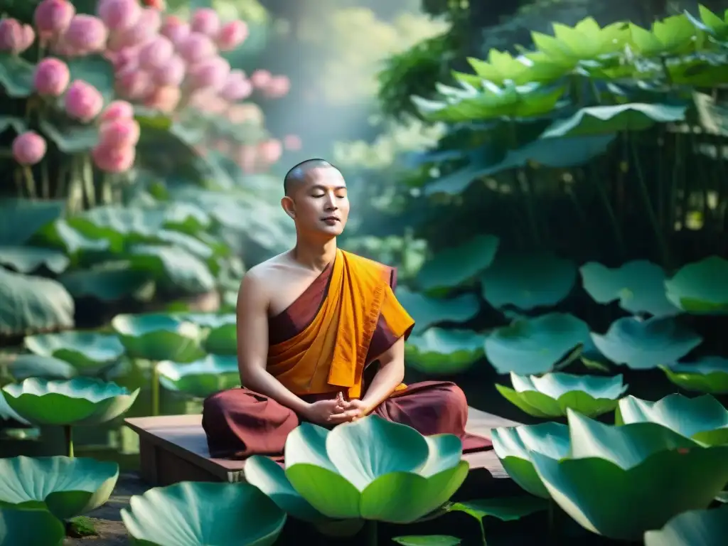 Un monje budista meditando en un jardín tranquilo, transmitiendo paz interior