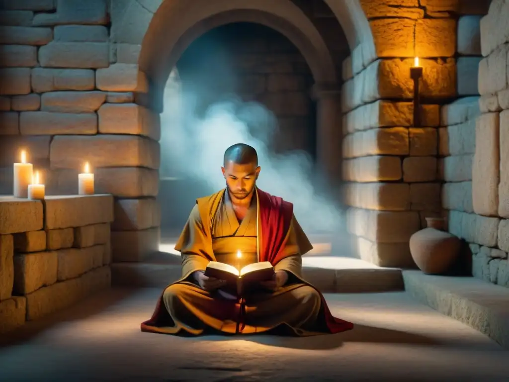 Monje meditando con lectura bíblica en antiguo monasterio iluminado por velas