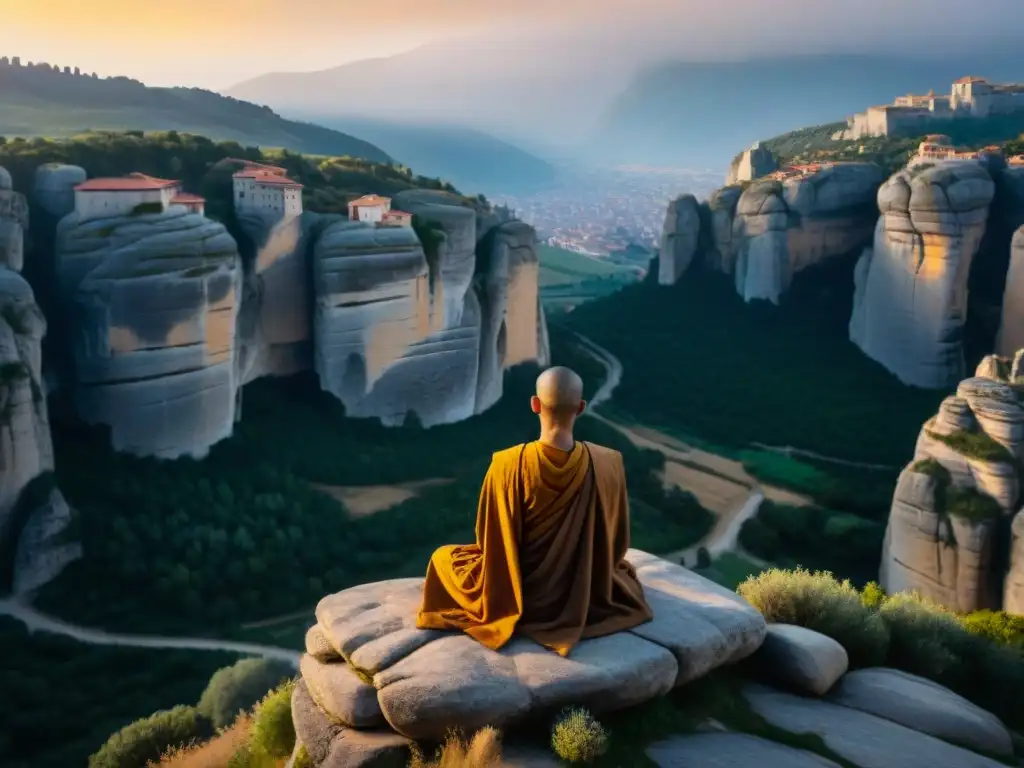 Monje meditando al amanecer en Meteora, entre monasterios antiguos y espiritualidad serena