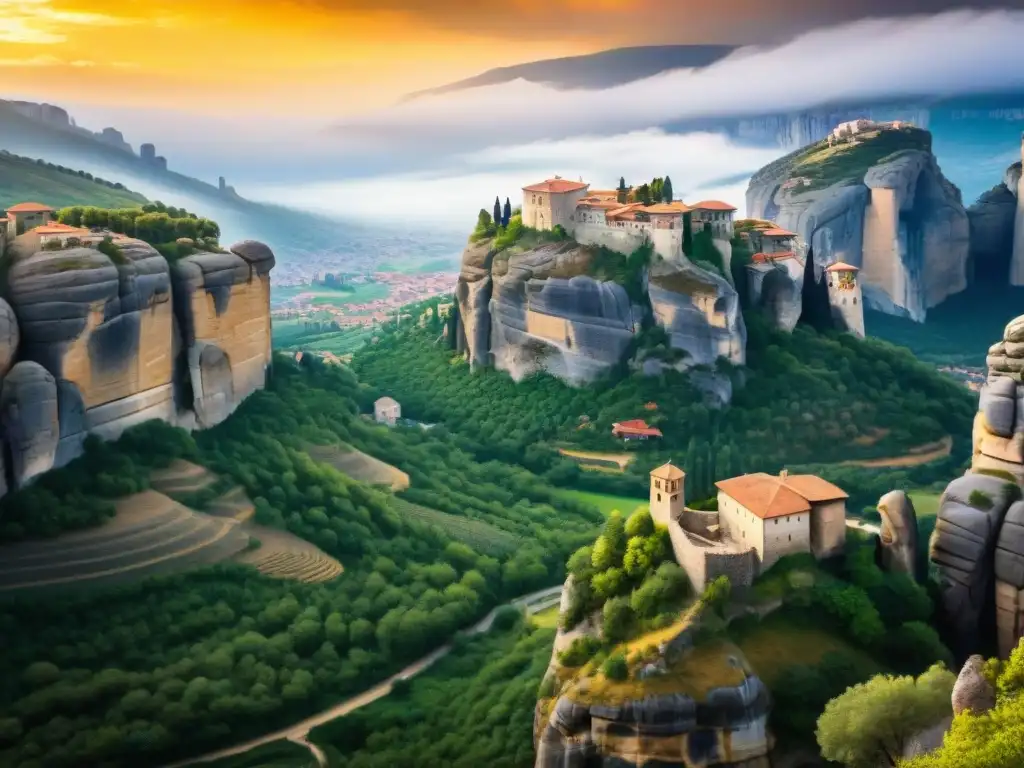 Un monje camina entre los misterios de los monasterios Meteora al atardecer, con la luz dorada iluminando la escena