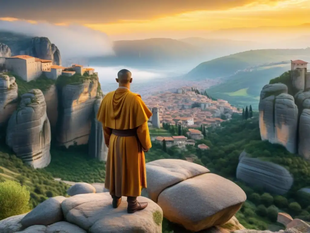 Un monje contempla monasterios antiguos Meteora al atardecer, transmitiendo espiritualidad y paz en este lugar sagrado