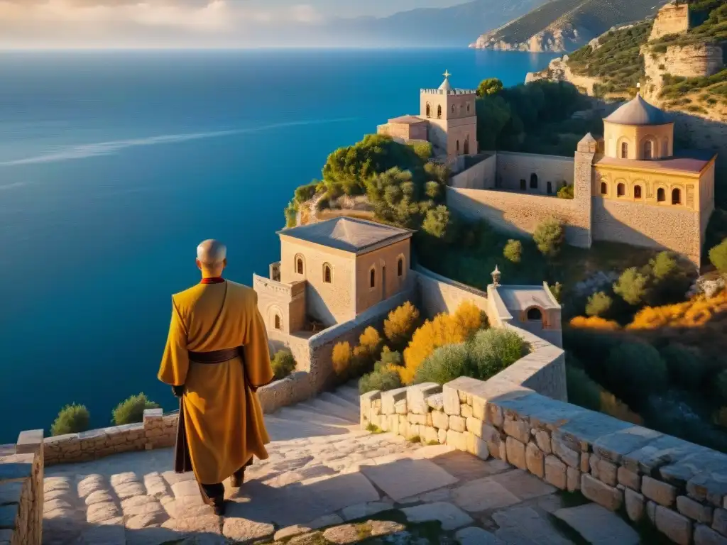 Monasterio Simonos Petra al atardecer: paz y espiritualidad Un monje reflexivo en el Monasterio Simonos Petra Monte Athos, iluminado por la cálida luz dorada del atardecer