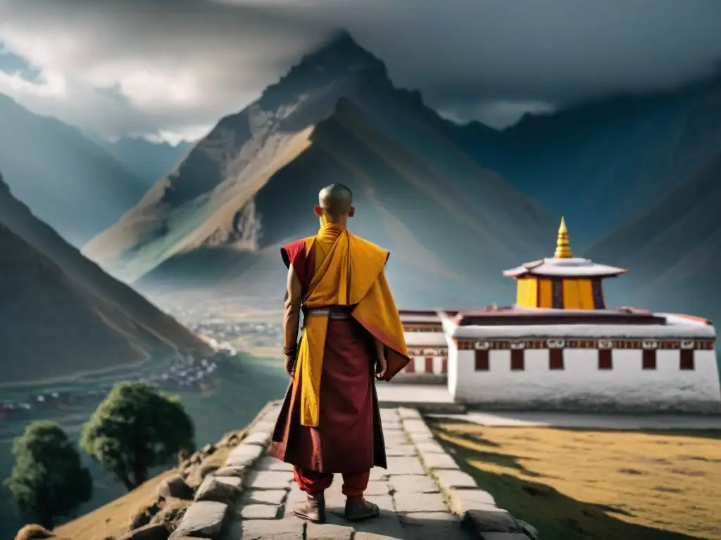 Un monje tibetano en su atuendo color azafrán frente a un majestuoso templo en el Himalaya