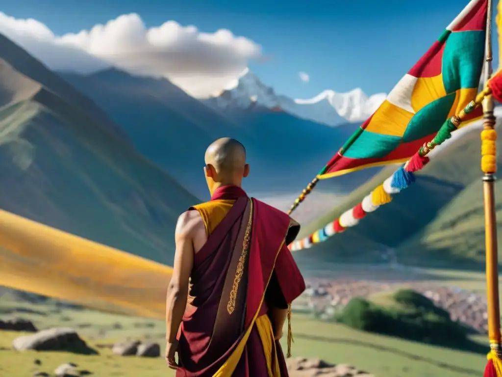 Un monje tibetano con atuendo tradicional frente a los Himalayas