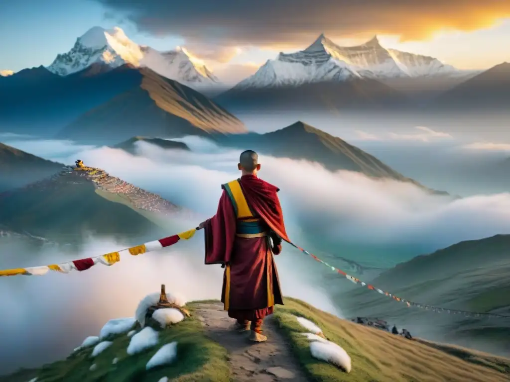 Monje tibetano en la cima neblinosa al amanecer, rodeado de banderas de oración con vista a los Himalayas