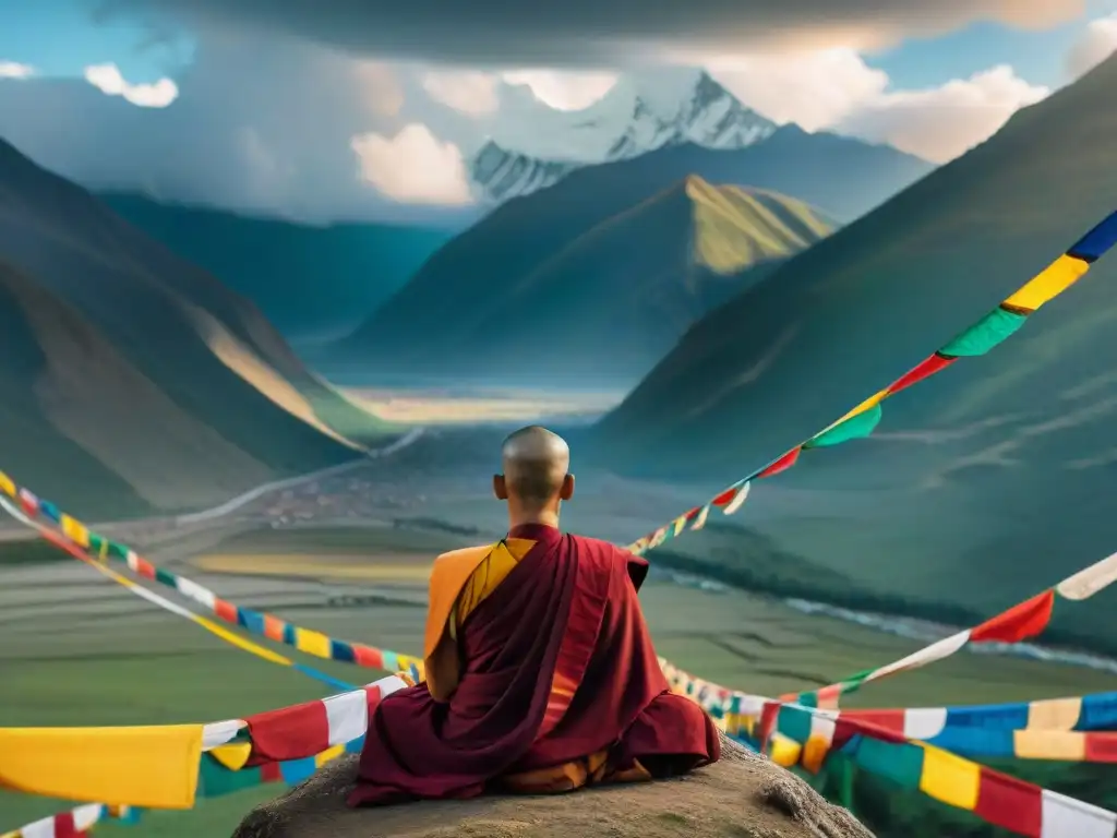 Un monje tibetano medita entre coloridas banderas de oración con el Himalaya de fondo, representando las 'Perspectivas budistas vida después muerte'