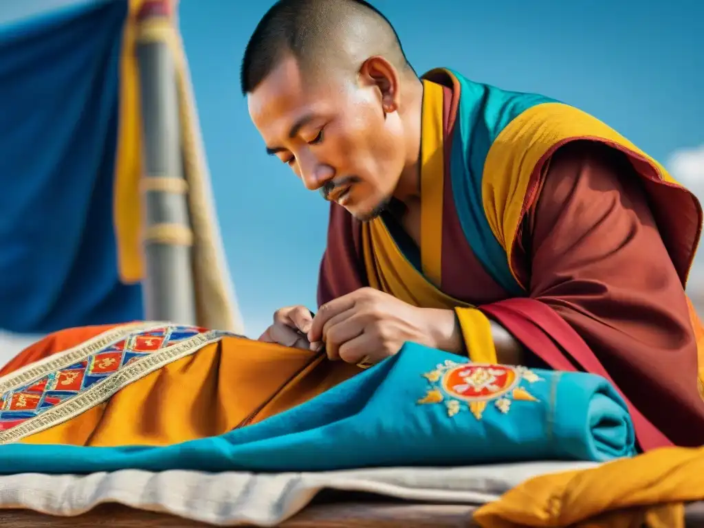 Monje tibetano bordando con devoción en un atuendo ceremonial naranja y dorado, con banderas de oración al viento