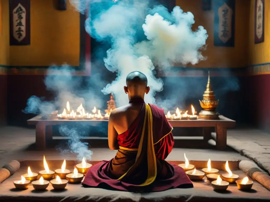 Un monje tibetano realiza una iniciación mística en un templo iluminado por velas, rodeado de artefactos religiosos antiguos