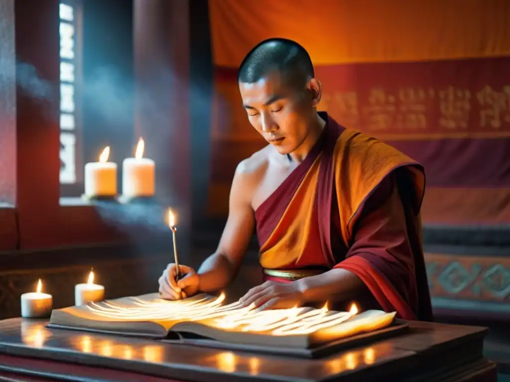 Un monje tibetano tejiendo un patrón en una túnica naranja, rodeado de velas y escrituras antiguas en un monasterio