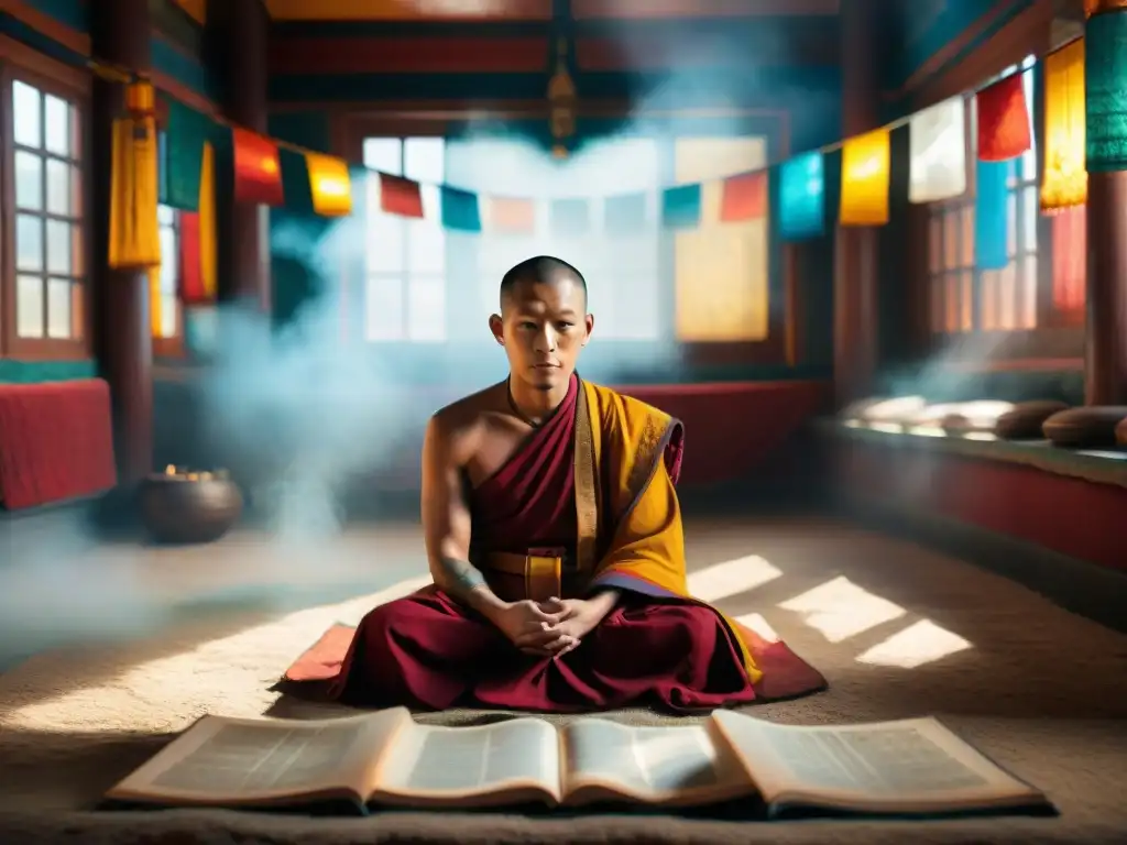 Un monje tibetano en su templo con las Enseñanzas del libro tibetano de la muerte